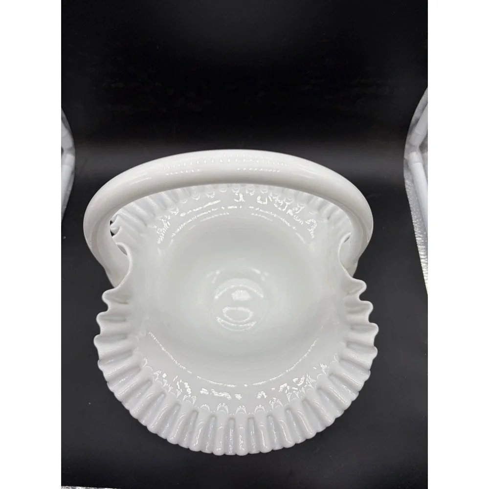 Vintage Fenton White Milk Glass Hobnail Ruffled Basket with Handle 10 Inch